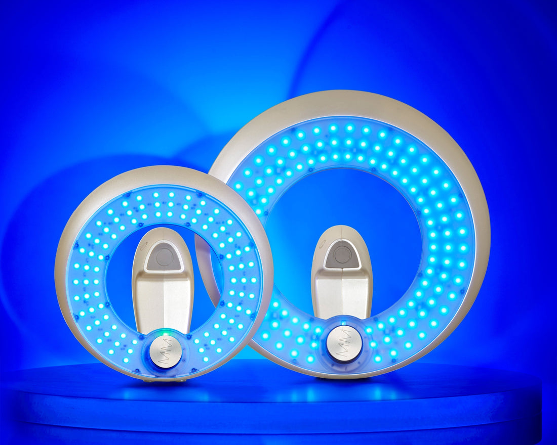 MMSphere blue LED light therapy devices in two sizes, showing blue light treatment technology
