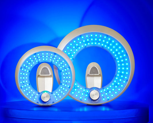 MMSphere blue LED light therapy devices in two sizes, showing blue light treatment technology